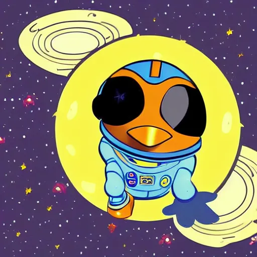 Image similar to cute astronaut penguin with helmet on, floating on space, in the style of the new buzz lightyear movie