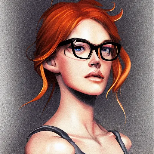 Prompt: high detail concept art, beautiful ginger woman with glasses, backlight, dynamic lighting, atmospheric, trending on artstation