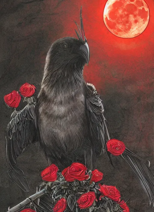 Image similar to portrait, A crow with red eyes in front of the full big moon, book cover, red roses, red white black colors, establishing shot, extremly high detail, foto realistic, cinematic lighting, pen and ink, intricate line drawings, by Yoshitaka Amano, Ruan Jia, Kentaro Miura, Artgerm, post processed, concept art, artstation, matte painting, style by eddie mendoza, raphael lacoste, alex ross