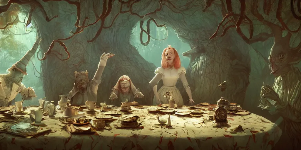 Image similar to alice in wonderland horror realistic characters, Moebius, Greg Rutkowski, Zabrocki, Karlkka, Jayison Devadas, Phuoc Quan, trending on Artstation, 8K, ultra wide angle, zenith view, pincushion lens effect