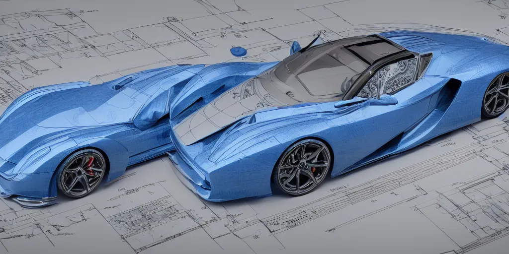 Prompt: highly detailed blueprint of a super car, layout, construction drawing, white paper, blue lines, 4 k, intricate, hyper realistic, octane render engine