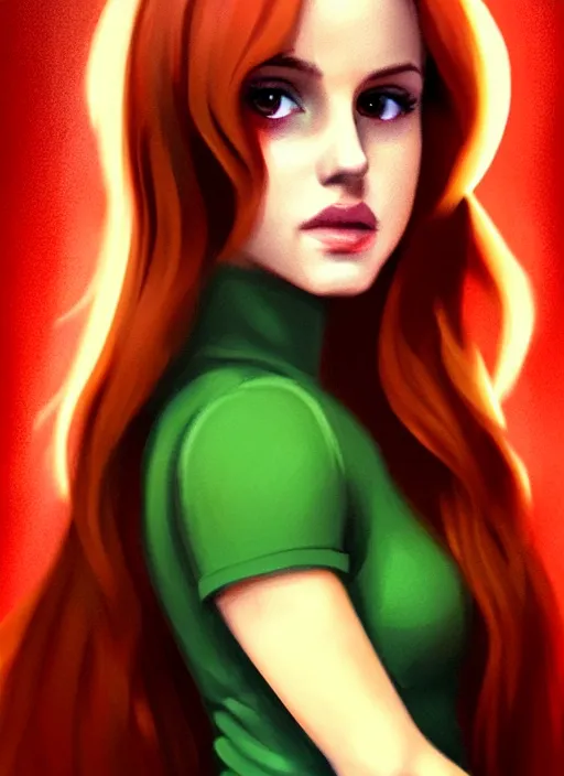 Image similar to full body portrait of teenage cheryl blossom, bangs, green eyes, mischievous expression, red hair, sultry smirk, bangs and wavy hair, intricate, elegant, glowing lights, highly detailed, digital painting, artstation, concept art, smooth, sharp focus, illustration, art by wlop, mars ravelo and greg rutkowski