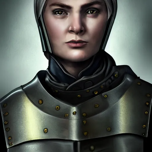 Image similar to head portrait, full faced, 35 years old women, strict, militaristic, medieval light armor, high detail, androgyny, digital art, medieval fantasy