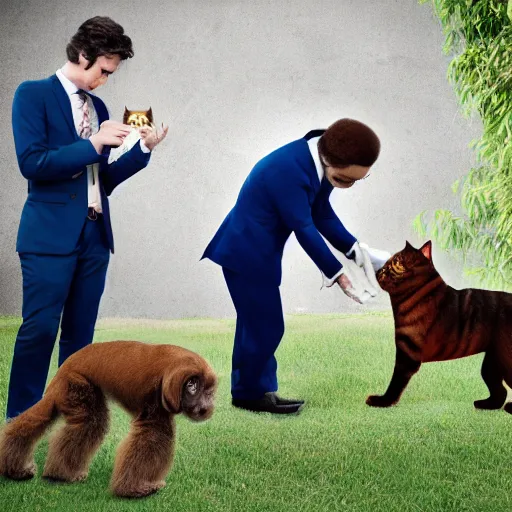 Image similar to Dog, cat and monkey in suits having business talk.