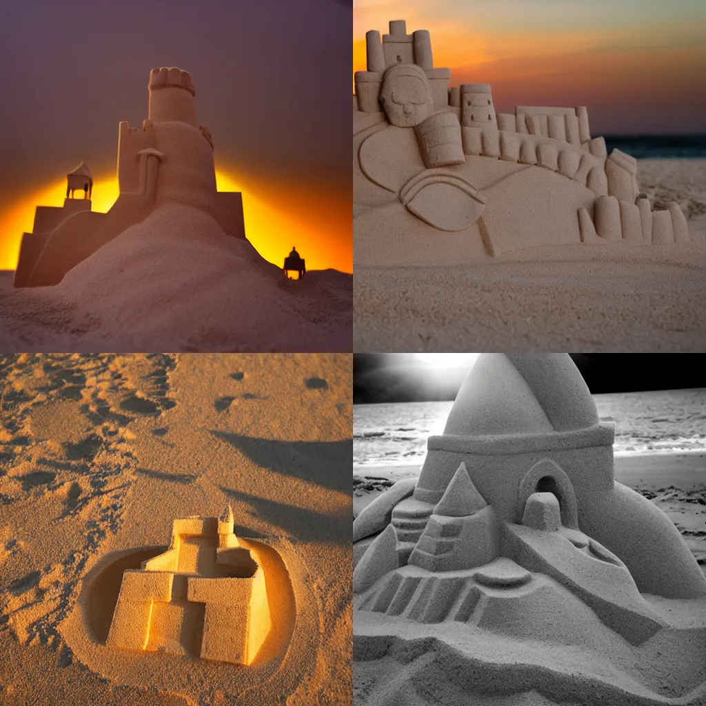 Prompt: sand castle in the shape of a person beach dramatic lighting