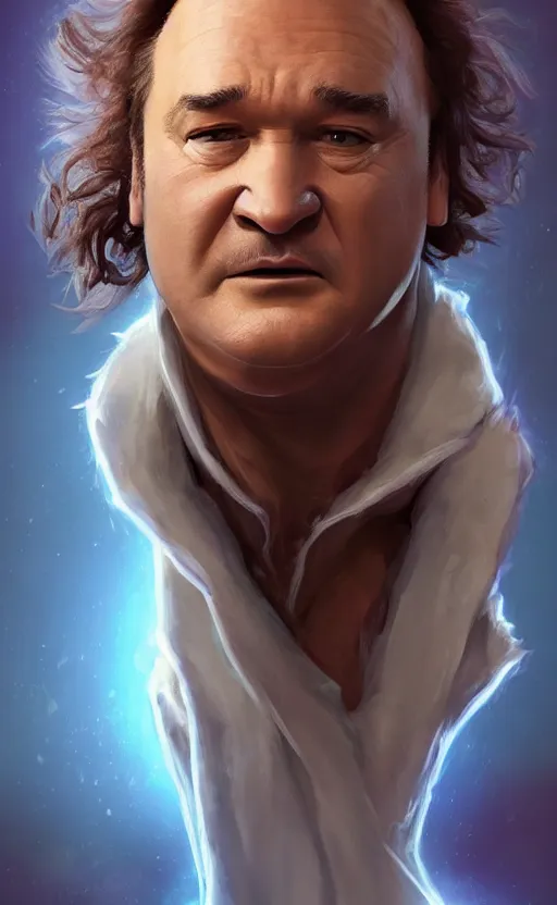 Image similar to jim belushi with wild hair and bright eyes. he's wearing a flowing bathrobe made of light, airy fabric and he has a mischievous look on his face, dynamic lighting, photorealistic fantasy concept art, trending on art station, stunning visuals, creative, cinematic, ultra detailed