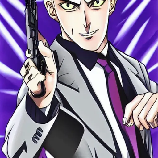 Image similar to kira yoshikage with a gun, high quality anime art