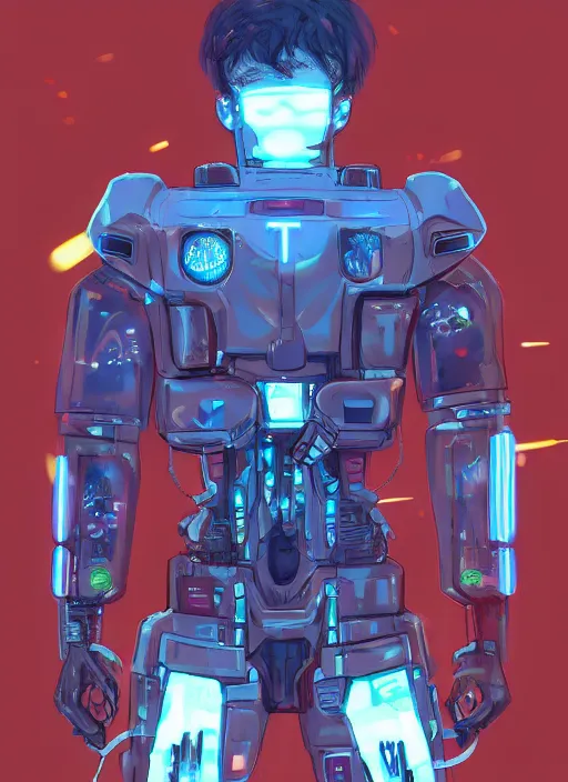 Prompt: Male cyborg, battle-damaged, wearing a school uniform, standing on neon-lit street corner”, full body shot, cyberpunk, Digital art, detailed, anime, vibrant colors, artist Katsuhiro Otomo