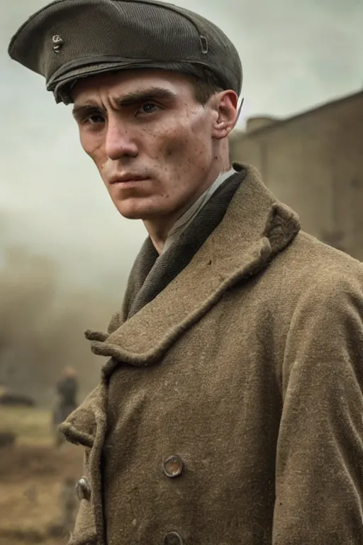 Image similar to a portait photo of Thomas Shelby in a battlefield, epic image, path tracing, complementary colours, high quality, 4k HDR, dramatic lighting, cinematic, highly detailed, high coherence, dedined face, anatomically correct, five fingers, war, cold environment