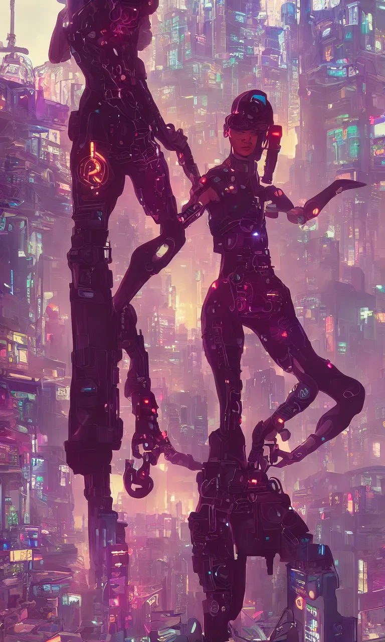 Prompt: zendaya crushing it as a cyberpunk hero standing on the rooftop of cybertown, art poster, full body, t - pose, character design, ambient lighting, 4 k, lois van baarle, ilya kuvshinov, rossdraws, alphonse mucha, jung gi kim, dylan kowalsk, artstation