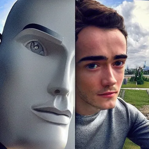 Image similar to “a realistic detailed photo of a guy who is an attractive humanoid who is half robot and half humanoid, who is a male android, Charles Leclerc, shiny skin, posing like a statue, blank stare”