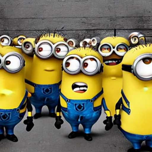 Prompt: a crowd of minions unionizing