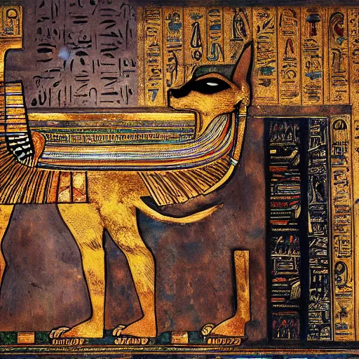 Image similar to a detailed painting of the Egyptian book of the dead, depicting the god of the underworld Anubis, trending on artstation cgsociety, 8k, highly detailed, masterpiece.