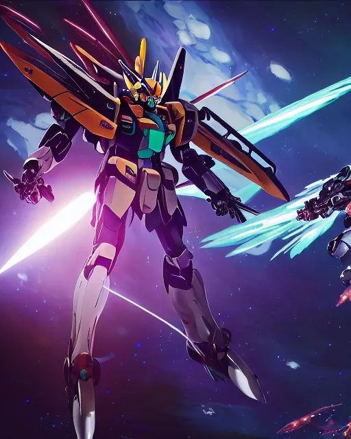 Image similar to highly detailed vfx portrait of gundam deathscythe hell fighting gundam epyon in space beam saber clash energy beams explosions, unreal engine, greg rutkowski, loish, rhads, beeple, makoto shinkai and lois van baarle, ilya kuvshinov, rossdraws, tom bagshaw, alphonse mucha, global illumination, detailed and intricate environment