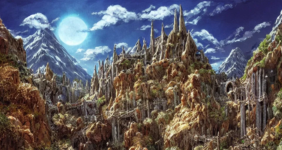 Image similar to Masterfully painted mspaint art piece of middle-earth's 'Mines of Moria' painted by Makoto Shinkai and Studio Ghibli. View from underground within ancient dwarven mining equipment and architecture. Amazing beautiful incredible wow awe-inspiring fantastic masterpiece gorgeous fascinating glorious great.