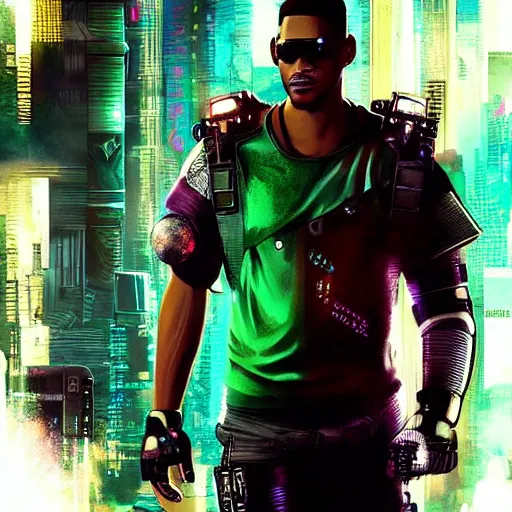 Image similar to cyberpunk will smith character art, epic background, epic composition, hdr, full body gauche painting, arcane art style