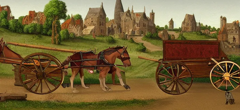 Image similar to a medieval horse - drawn cart, digital art, extreme detail, with the village in the distance