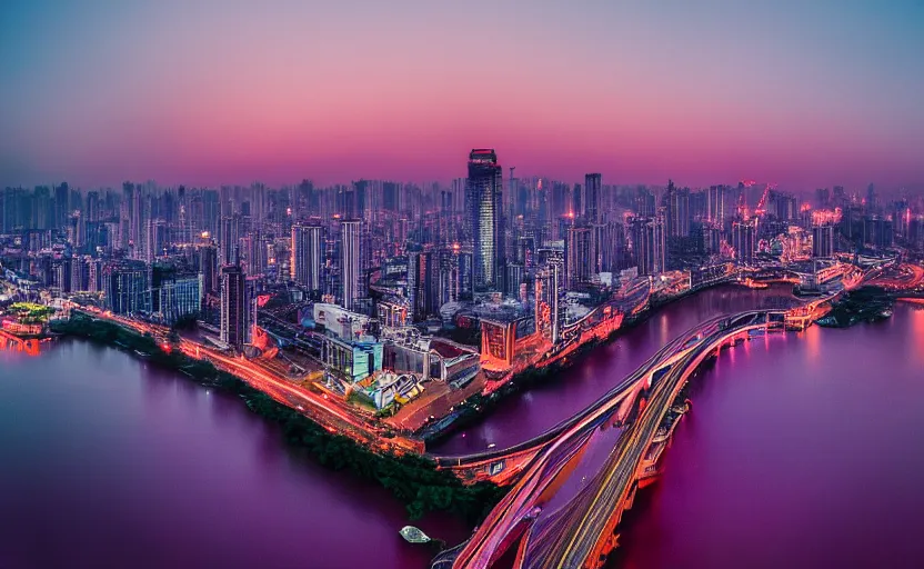 Image similar to a photo of wuhan, river, sunset, purple sky, cinematic, 8 k, highly - detailed