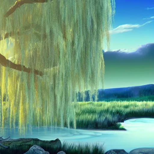 Image similar to featured on artstation majestic willow tree overlooking swirling river at sunset, beautiful image stylized digital art