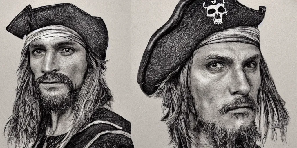 Image similar to realistic portrait of a handsome pirate, 1450, ink, ultra realistic, 8k