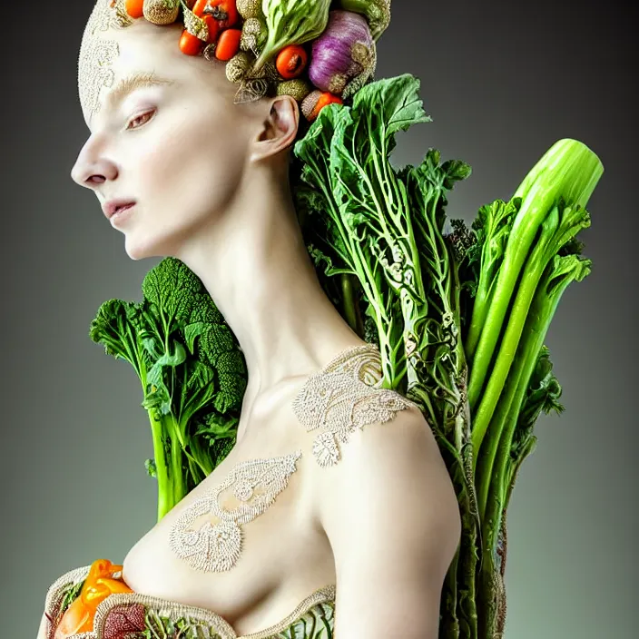 Image similar to Portrait of a beautiful woman like a queen-vegetables-angel, dressed in long elegant intricate ornamental vegetables white dress, natural skin tone, intricate fractal highly detailed vegetables ornament in the upper side of breast, bust with a very long neck , elegant, highly detailed intricate vegetables ornament in her long hair, Realistic, Refined, Highly Detailed, Cinematic pastel Lighting, fine art photography by Flora Borsi, volumetric lighting, hyper realistic photography, 8k