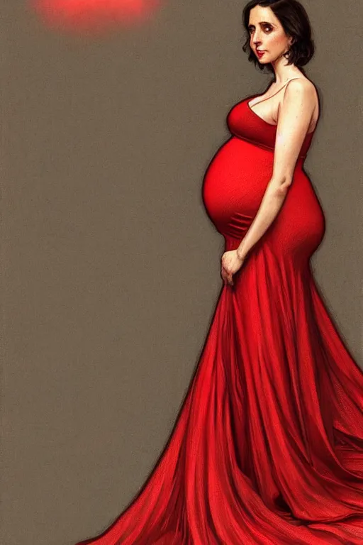 Image similar to pregnant alison brie in a red dress, realistic portrait, symmetrical, highly detailed, digital painting, artstation, concept art, smooth, sharp focus, illustration, cinematic lighting, art by artgerm and greg rutkowski and alphonse mucha