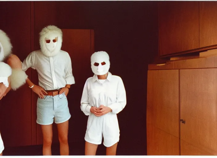 Prompt: realistic photo of the people wearing wooden masks, white fluffy cotton shorts, polished and fancy, standing in the wooden room full of wooden furniture 1 9 9 0, life magazine reportage photo