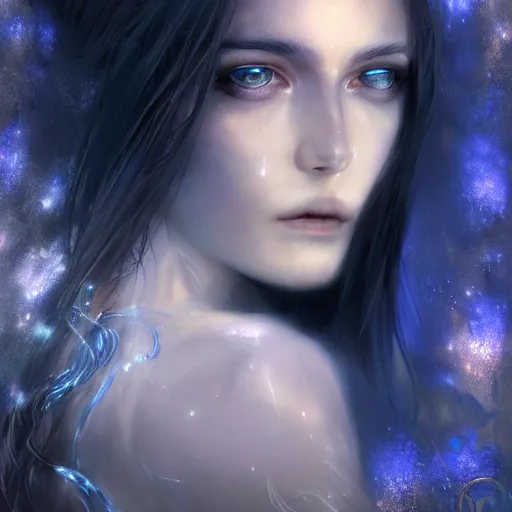 Prompt: masterpiece goddess of sorrow portrait, 3 0 years woman, melancolic face, dynamic hair digital painting by louis royo and wlop, dark tenebrous blue background, cinematic light, aura effect, some chaotic sparkles, unreal engine, artstation, deviantart, pinterest