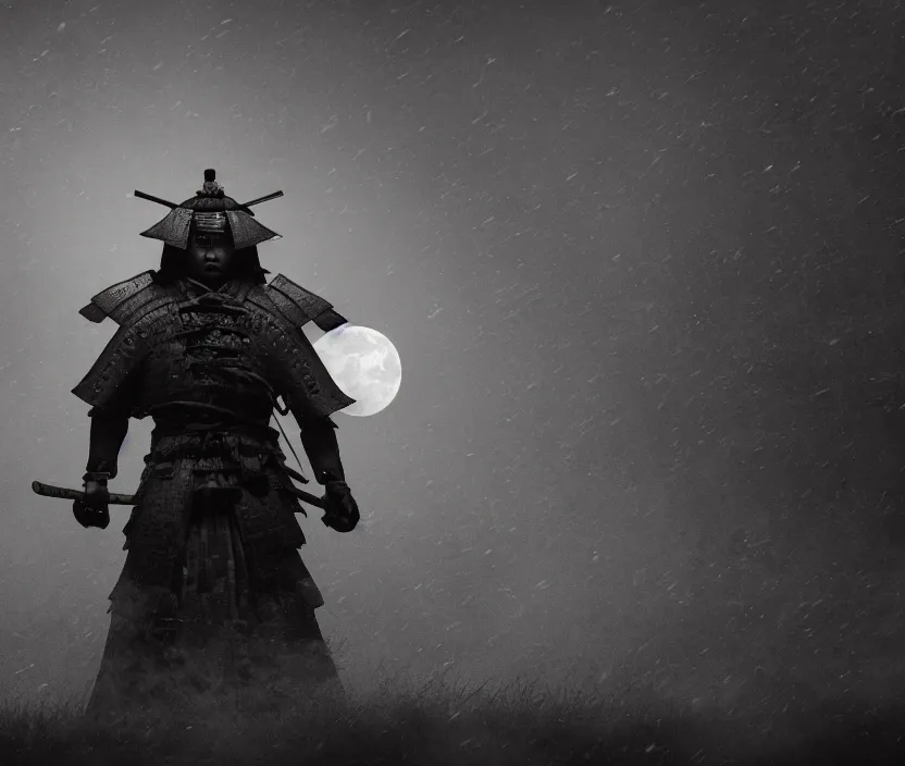 Image similar to a samurai haunted by ghosts full moon on background , gloomy and foggy atmosphere, octane render, artstation trending, horror scene, highly detailded