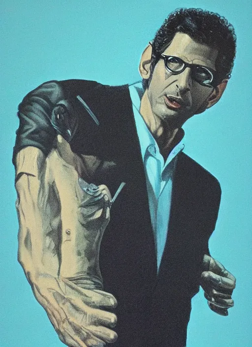 Prompt: portrait of jeff goldblum in the fly ( 1 9 8 6 ), highly detailed, centered, concept art, smooth, sharp focus, illustration, rick griffin, bob fried, victor moscoso, randy tuten, david singer