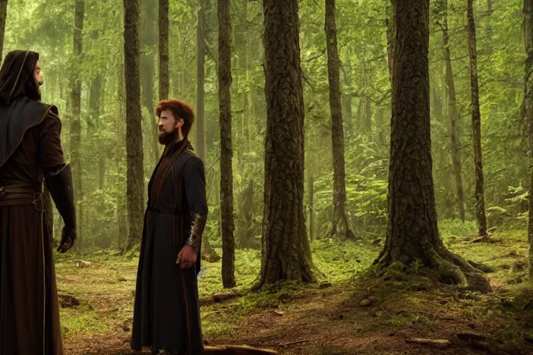 Image similar to still from a fantasy movie, a warlock discussing with another man, forest in the background, muted colors, 8 k, cinematic, very detailed face, hyperrealistic, movie still frame, promotional image, imax 7 0 mm footage