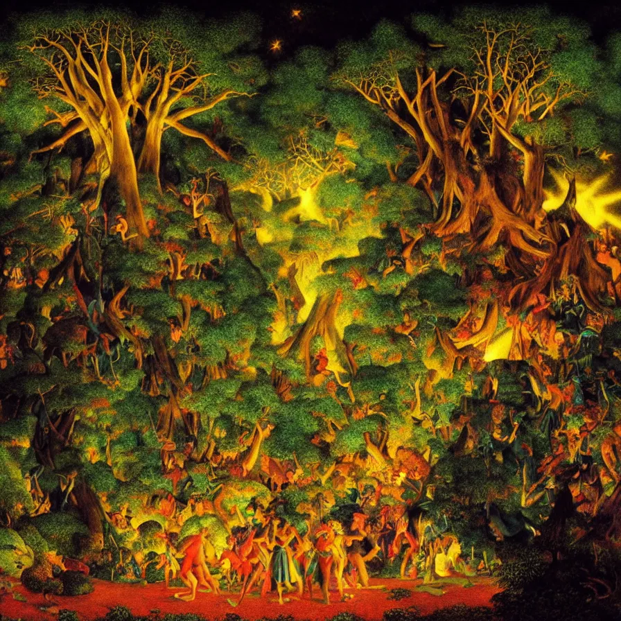 Image similar to closeup of a night carnival inside a tree cavity in a magical forest in the middle of a summer storm, with a music scenario with many fireworks and christmas lights, volumetric lightning, instense god rays in the sky, folklore people disguised with fantastic creatures in a magical forest by summer night, masterpiece painted by maxfield parrish, very coherent and colorful high contrast masterpiece,