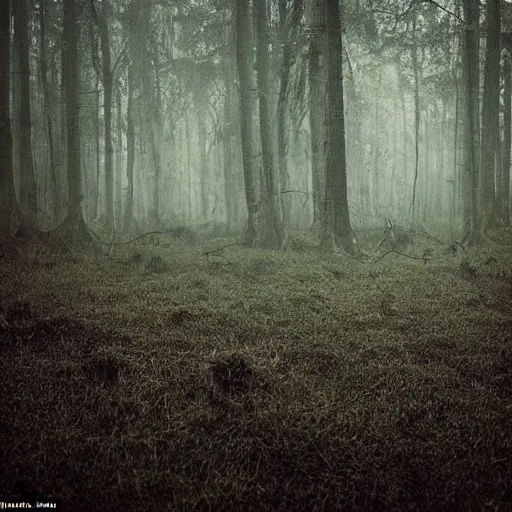 Image similar to horror, photography, cinematic, a pale creeping tangle of human limbs with tufts of hair and deformed features, emerges from the edge of a forest into a field, disturbing, unsettling