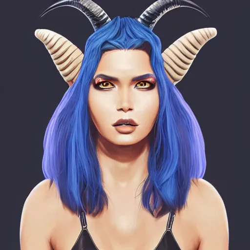 Image similar to illustrated realistic portrait of ram-horned devil woman with blue bob hairstyle and her tan colored skin and with solid black eyes wearing leather by rossdraws