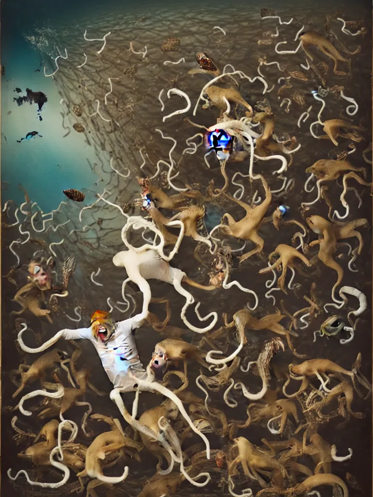 Image similar to a formal portrait photograph of a screaming man in the squally ocean swarmed by squids, dogs, baboons, and squirrels, the man's mouth is stuffed with bones and the water foams all over the gaff