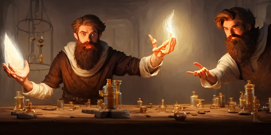 Prompt: a handsome bearded white male sorcerer with brown hair he is casting a spell from his hands, he is in a alchemist workshop filled with beakers and equipment, neutral pose, sharp focus, waist up, epic composition, 4 k, by greg rutkowski, rudy siswanto and anna podedworna