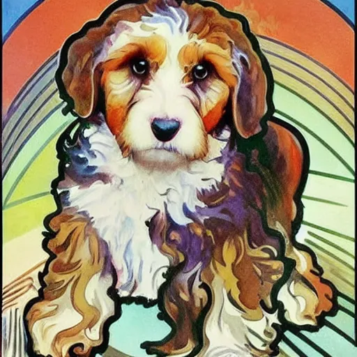 Prompt: cute, pop art style bernedoodle, watercolor painting, by alphonse mucha and william morris