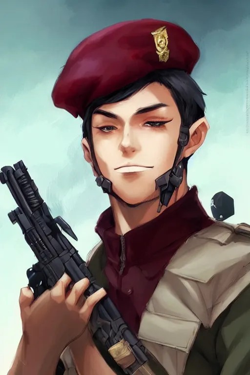 Prompt: beautiful portrait commission of a male furry anthro!!! fruit bat wearing military clothes and a maroon beret. Active Warzone with guns and explosions Atmospheric. Character design by charlie bowater, ross tran, artgerm, and makoto shinkai, detailed, inked, western comic book art