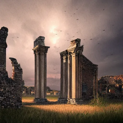 Prompt: extremely detailed watercolor painting portrait of ancient church ruins on a new world, dusk, elegant, moody vibrant colors, Charles Reid, octane render, 4k