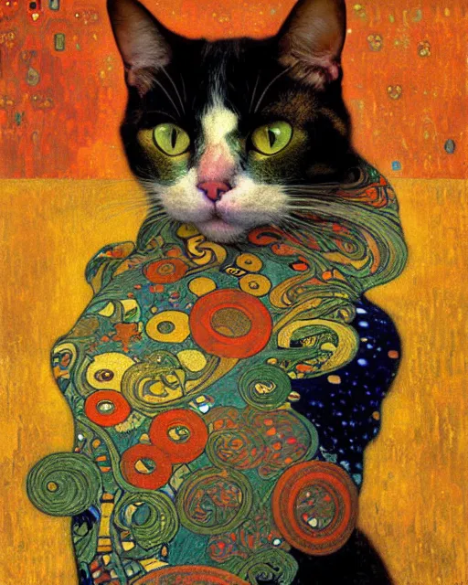 Prompt: summertime cat portrait an oil painting splashes with many colors and shapes by gustav klimt greg rutkowski and alphonse mucha, polycount, generative art, psychedelic, fractalism, glitch art