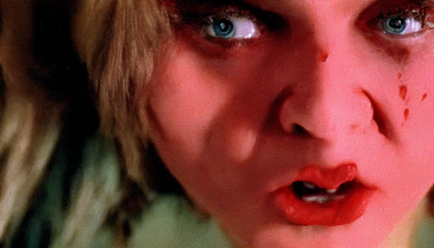 Image similar to 7 0 s film still from a horror movie of a young adult with toenails for eyelids, kodachrome, cinecolor, cinestill, photorealism, cinematic, film grain, film texture, vhs recording