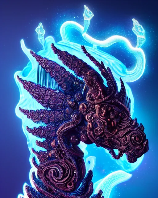 Image similar to 3 d ornate carved dark cosmic horse with profile portrait, sigma 5 0 0 mm f / 5. beautiful intricate highly detailed quetzalcoatl skull. bioluminescent, plasma, lava, ice, water, wind, creature, thunderstorm! artwork by tooth wu and wlop and beeple and greg rutkowski, 8 k trending on artstation