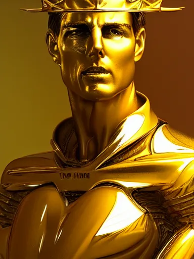 Image similar to tom cruise portrait of yellow angel king wearing shiny crown, subtle light accents, gold rococo, tom cruise face, sculpted by alex alice, craig mullins, yoji shinkawa, trending on artstation, beautifully lit, peter mohrbacher, hyper detailed, insane details, intricate, elite, elegant, luxury, cgsociety, hypermaximalist,