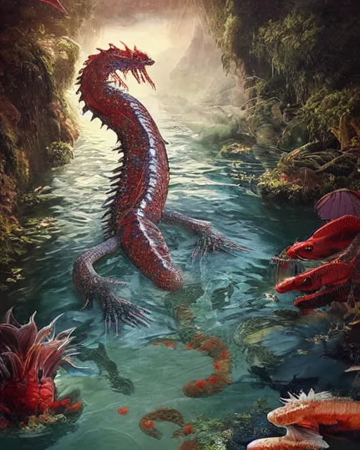 Image similar to ethereal, gorgeous, mysteriously beautiful giant huge kaiju sized pond dragon half fish half salamander, sea dragon, wet amphibious skin, red salamander, axolotl creature, koi pond, korean village by Ruan Jia and Gil Elvgren, fullbody