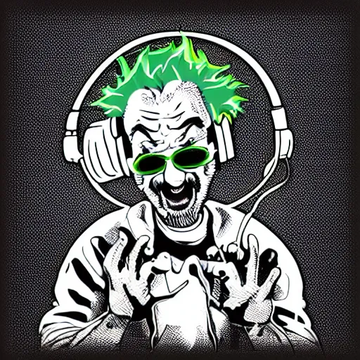 Image similar to svg vector sticker of absolutely insane-mad-scientist-villain, rocking out, wearing headphones, huge speakers, dancing, rave, DJ, spinning records, digital art, amazing composition, rule-of-thirds, award-winning, trending on artstation, featured on deviantart