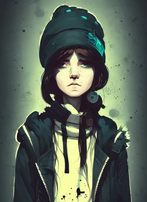 Image similar to highly detailed portrait of a sewer punk lady student, white eyes, burberry hoody, hat, white hair by atey ghailan, by greg rutkowski, by greg, tocchini, by james gilleard, by joe fenton, by kaethe butcher, gradient yellow, black, brown and cyan color scheme, grunge aesthetic!!! ( ( graffiti tag wall background ) )