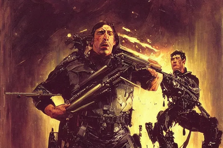 Image similar to portrait of javier bardem as the punisher blasting a hell baron with a shotgun, john berkey, lawrence alma tadema, rick berry, norman rockwell, doom, arstation, greg rutkowski