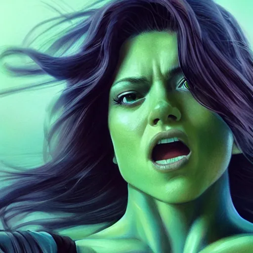 Image similar to she hulk, played by scarlett johannson, beautiful, cinematic, head and shoulders, trending on artstation, digital art, hyper realistic, striking pose, by greg rutkowski