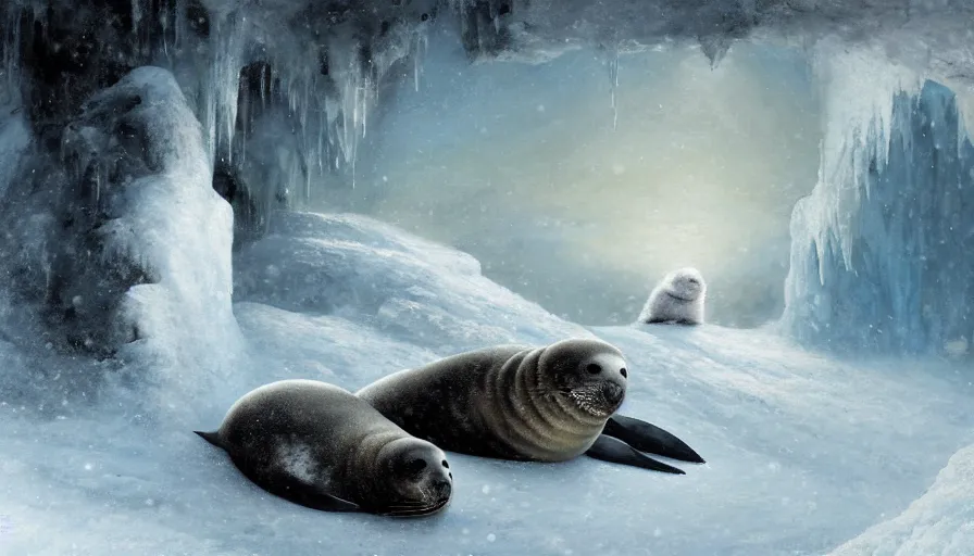 Image similar to highly detailed closeup painting of daddy seal looking after cute furry white baby seals inside a snowy fantasy ice crystal cavern by william turner, by greg rutkowski, by william constable, thick brush strokes and visible paint layers, 4 k resolution