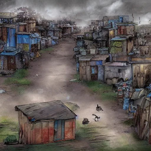 Image similar to the slums just outside the gates to the kingdom of heaven in the clouds, digital art